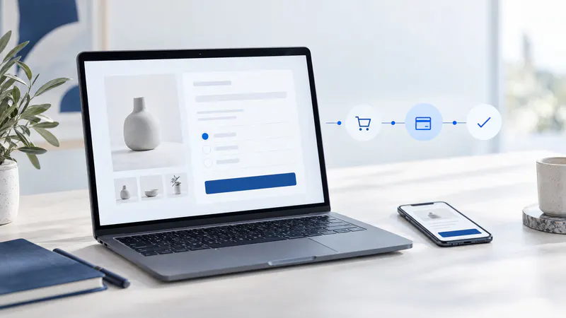 Laptop en smartphone met een rustige abstracte online betaalstroom voor een webshop.