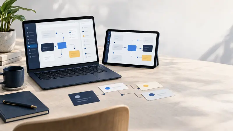Laptop en tablet met abstracte merkloze workflowkaarten op een rustig bureau.
