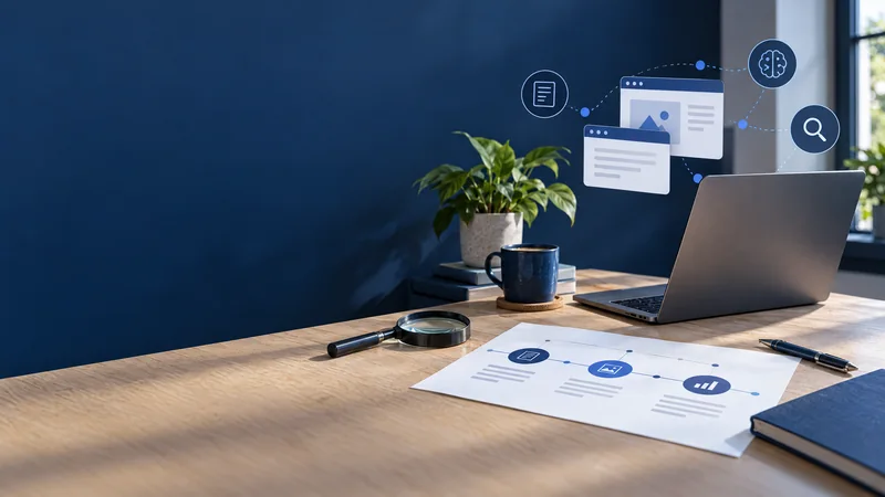 Ondernemer bekijkt een maandelijkse SEO-planning naast een laptop met website-overzicht.
