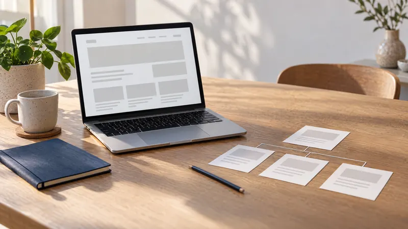 Strategische tafel met laptop en kaarten voor de pagina-indeling van een zakelijke website.