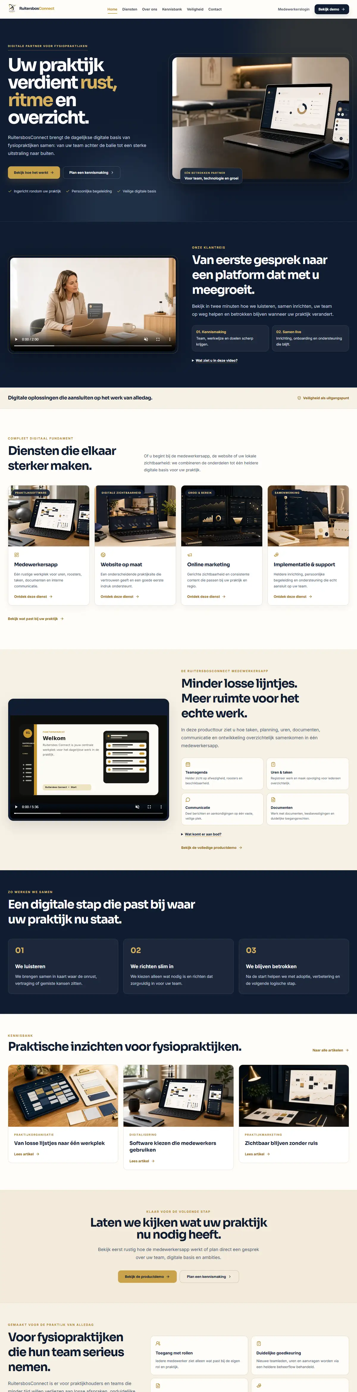 Homepage van RuitersbosConnect, website en medewerkersapp voor fysiopraktijken, gebouwd door NexGeneratie
